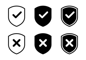 Shield check cross mark icon set collection. Safe and unsafe defense sign symbol