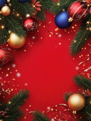 Merry Christmas and a Happy New Year, red square postcard with Christmas tree branches, garlands and air balloons around