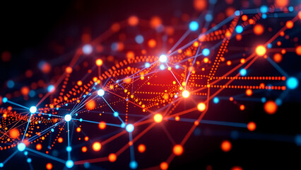 Obraz premium Abstract Network: An intricate, mesmerizing network of glowing blue and orange nodes connected by lines, symbolizing the interconnectedness of data, technology, and communication. 