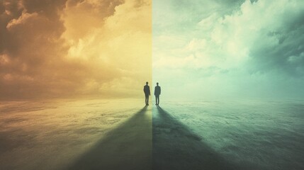 Two figures stand in a surreal landscape divided by contrasting colors and shadows.