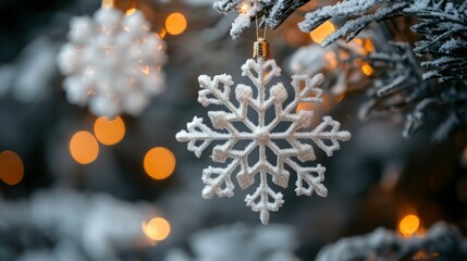 Close-up View of a White Snowflake Ornament Hanging on a Frosted Christmas Tree with Warm Glowing Lights in the Background Creating a Cozy Winter Atmosphere