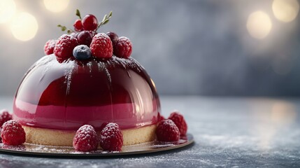Berry Dome: dome-shaped cake with an almond sponge base, raspberry mousse filling and mirror glaze with berry decoration
