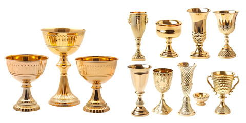 gold trophy cup set isolated on a white background. Generative AI.