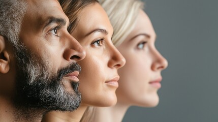 Faces of people of different ages and races, aligned side by side, minimalistic and expressive. People's faces in profile. Copy space, free space for text