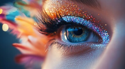 Close-up of a vibrant eye with glitter and feathers.