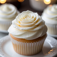 Detailed Fondant White Rose on Cupcake Generative AI