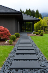 Fototapeta premium Pathway leading to modern house with lush garden and dark stone accents