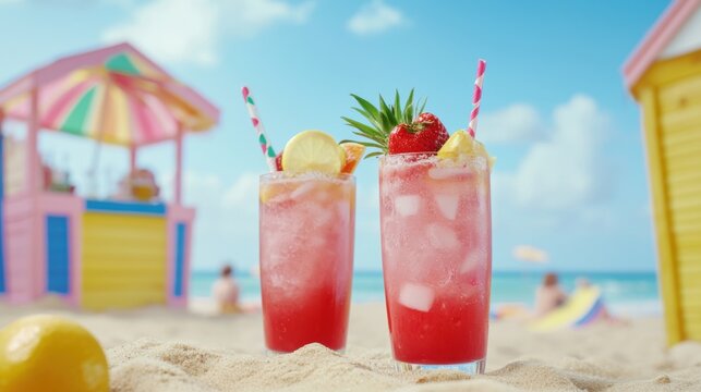 Vibrant summer beach scene with fruity mocktails and colorful huts for relaxing vacation vibes