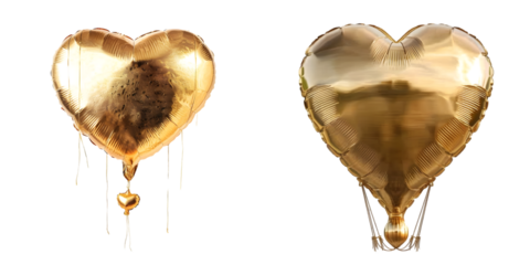 Golden heart shaped air balloon isolated on a white background. Generative AI.