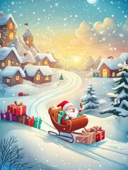 Merry Christmas, postcard with cartoon winter landscape and Santa sleigh with presents
