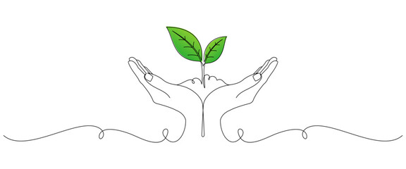 Earth Day line art style. hand holding growing plant in simple linear style. Vector line doodle