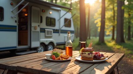 Camping picnic, food and drink on wooden table in front of travel trailer in forest nature.