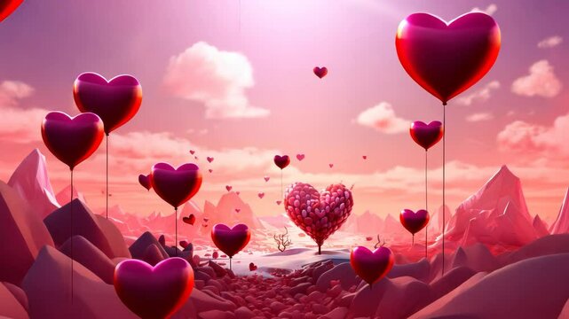 Valentine Day greeting card with surreal romantic landscape full of hearts