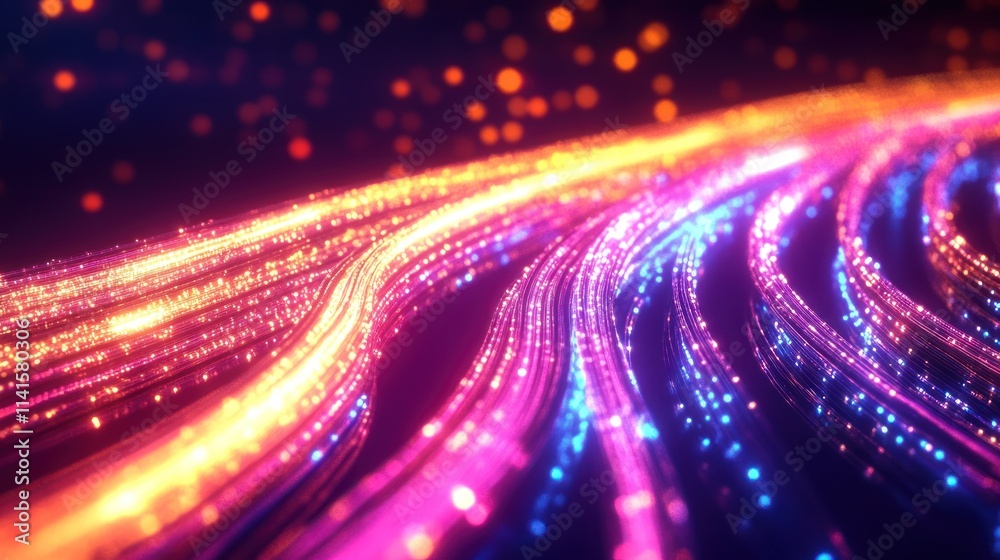 Poster vibrant, flowing lines of light create a dynamic, colorful abstract background.