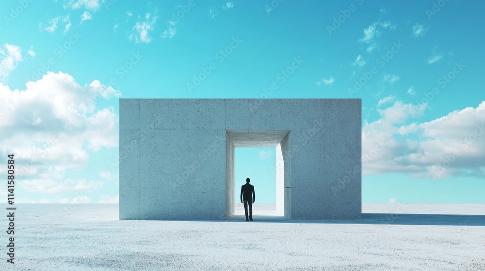 Poster a lone figure stands before a minimalist concrete structure under a bright sky.