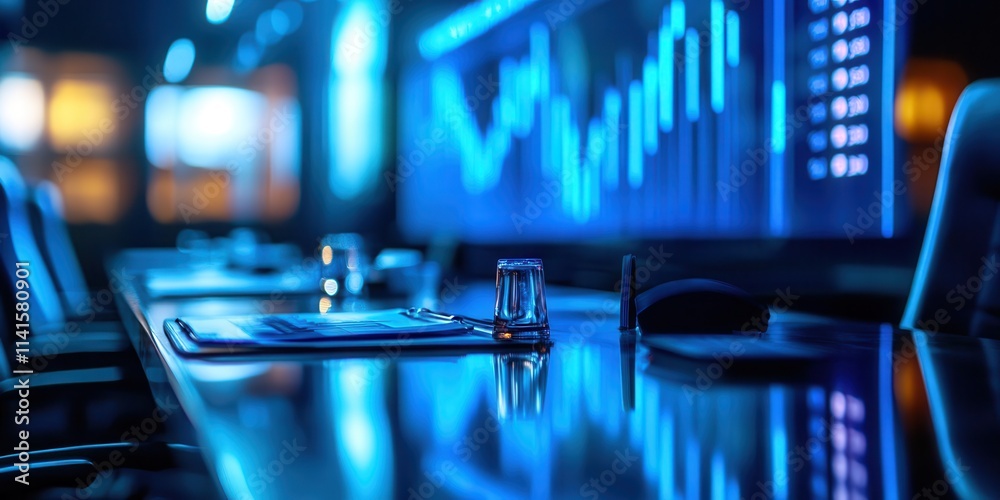 Poster a sleek, modern conference room with illuminated charts and graphs, reflecting a high-tech, professi