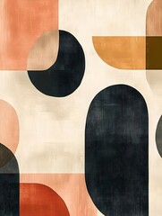 A repeating pattern of abstract geometric shapes in muted tones like beige, olive, and dusty rose.