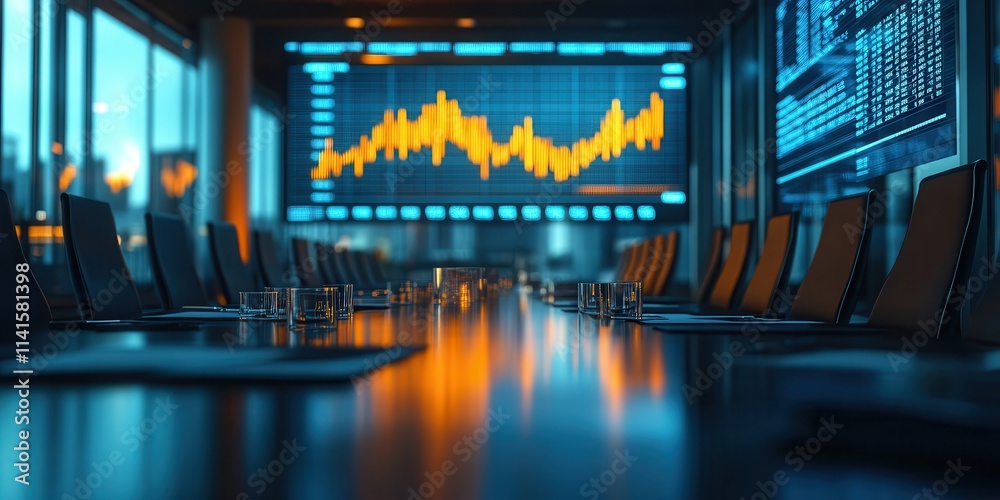 Aufkleber A modern conference room with a long table, illuminated by screens displaying dynamic financial graphs and data.