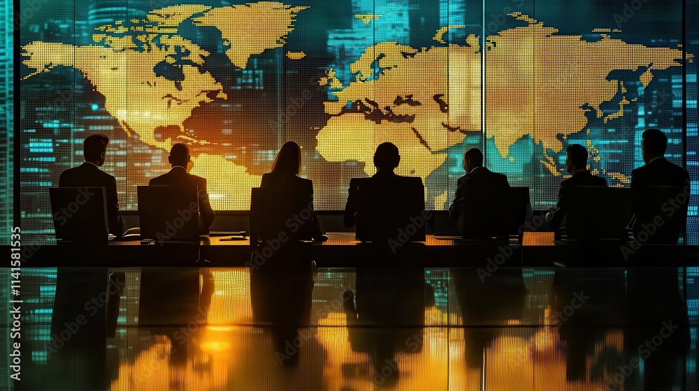 Poster a group of silhouetted figures in front of a glowing world map, symbolizing global strategy and deci