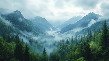 Fototapeta premium Misty mountains, green forest valley.