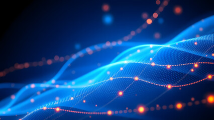 Obraz premium Digital Wave Abstract: A mesmerizing abstract artwork featuring a vibrant blue wave of light, interwoven with red digital pathways and glowing particles against a dark background.