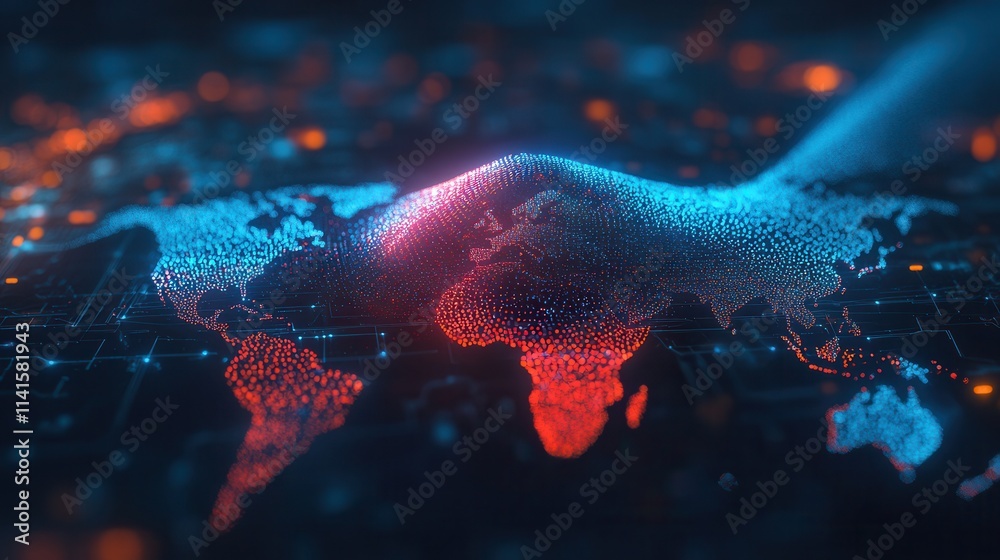 Aufkleber a vibrant 3d visualization of a world map, showcasing digital particles in blue and red, symbolizing