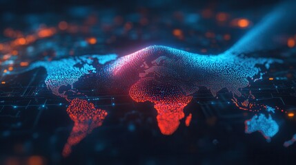 A vibrant 3D visualization of a world map, showcasing digital particles in blue and red, symbolizing connectivity and data flow.