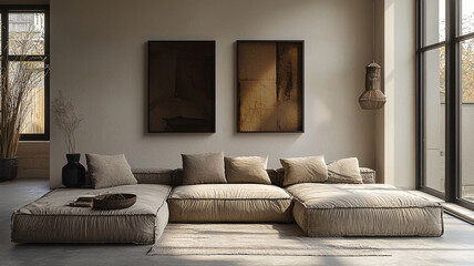 Fototapeta premium Modern Beige Modular Sofa in Minimalist Living Room