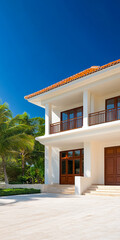 Fototapeta premium Modern tropical house with spacious patio surrounded by lush greenery under clear blue sky