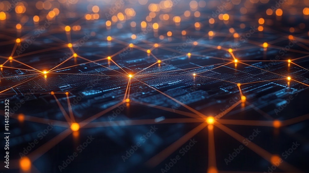 Poster A futuristic digital landscape showcasing interconnected nodes and glowing pathways, representing data flow and technology.