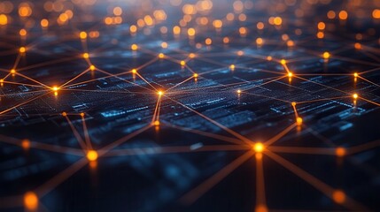 Fototapeta premium A futuristic digital landscape showcasing interconnected nodes and glowing pathways, representing data flow and technology.