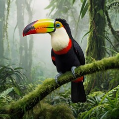 Fototapeta premium A bright toucan with a large, vivid beak sitting on a moss-covered branch in a misty rainforest, surrounded by soft green foliage,Generative Ai 
