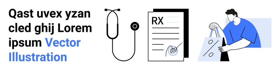 Stethoscope, prescription document, and person holding a shopping bag suggest healthcare, medical prescriptions, and lifestyle themes. Ideal for illustrating medical services, healthcare apps