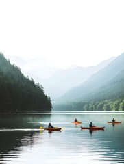 A photo of friends kayaking through a serene lake with misty mountains in the background. 