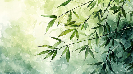 Serene Bamboo Watercolor Painting  Green Leaves   Branches