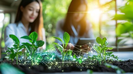 Innovative eco-marketing concept featuring professionals collaborating on sustainable branding strategies, utilizing charts and digital tools to analyze eco-friendly products.