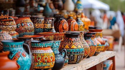 Fototapeta premium The vibrant marketplace of Sudan highlights traditional attire and intricate handicrafts, showcasing the rich heritage and customs of its people.