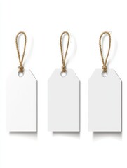Tags labels. White paper empty price tag with string in different shapes. Mockups for christmas gifts isolated templates