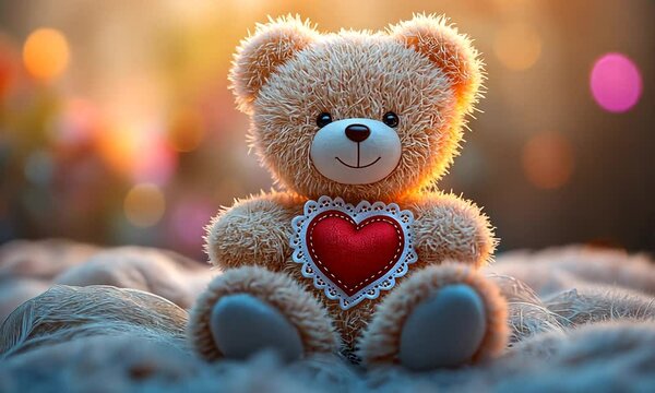 Cute teddy bear holding red heart love shape