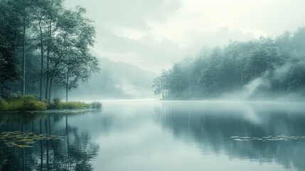 Misty lake, tranquil forest reflection.