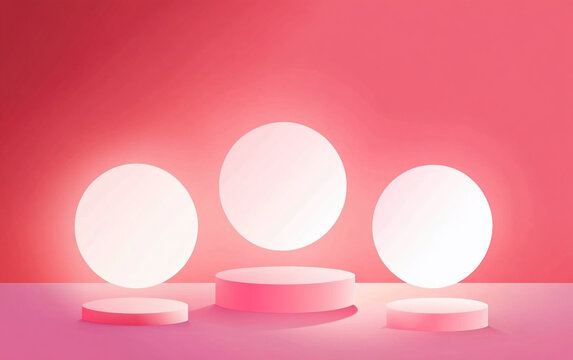 Three illuminated spheres on platforms against a pink gradient background during a digital display