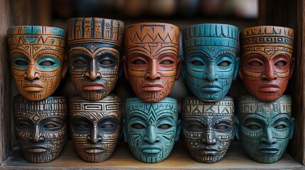Vibrant Collection of Intricately Carved Decorative Masks Displayed in a Charming Craft Shop Boasting Diverse Colors and Cultural Patterns