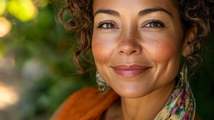 A close-up of a diverse woman’s face captures her confidence and resilience, her radiant smile reflecting inner strength and self-empowerment.
