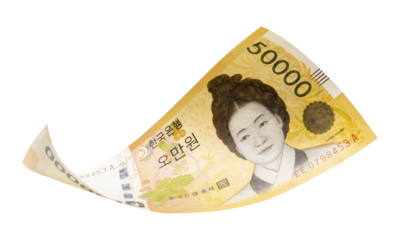 50000 South Korean won banknotes falling  isolated on white background, with clipping path