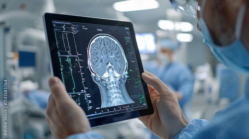 Poster a doctor is holding a tablet with a brain scan on it