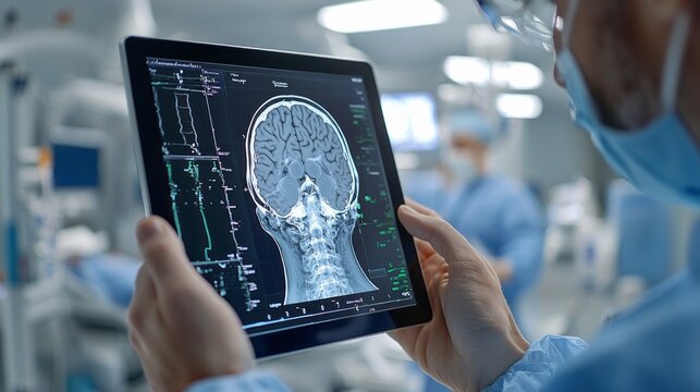 A doctor is holding a tablet with a brain scan on it