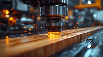 Close-up of CNC machine cutting wood, sparks flying.