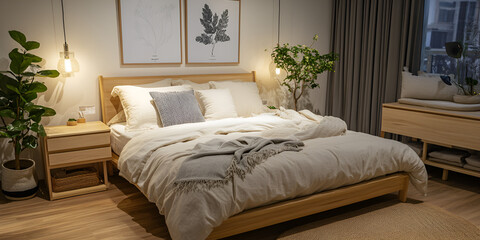 Fototapeta premium Cozy Modern Bedroom Interior with Plants and Minimalist Decor