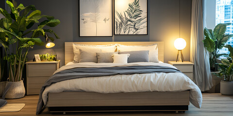 Cozy Modern Bedroom Interior with Plants and Minimalist Decor