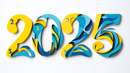 A vibrant and fluid design featuring the number "2025" in yellow, blue and dark blue wave pattern against a plain white background, perfect for capturing the essence of movement